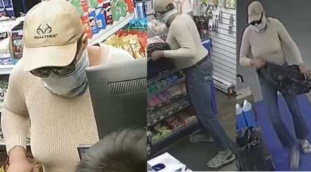 A collage of three images of a robbery suspect. From left, the suspect is leaning close to a counter with her upper body visible; the middle image is a full length left side profile; and the right image is a full length front image. The suspect is described as a female, wearing a face covering, beige cap, cream coloured long sleeve shirt, and blue jeans.