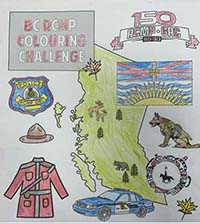 BC RCMP colouring challenge - sheet of RCMP policing items and shape of the Province of British Columbia as coloured by Brooklyn