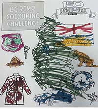 BC RCMP colouring challenge - sheet of RCMP policing items and shape of the Province of British Columbia as coloured by Hunger