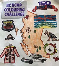 BC RCMP colouring challenge - sheet of RCMP policing items and shape of the Province of British Columbia as coloured by Luke