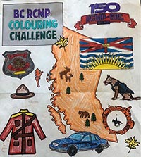 BC RCMP colouring challenge - sheet of RCMP policing items and shape of the Province of British Columbia as coloured by Owen