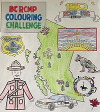 BC RCMP colouring challenge - sheet of RCMP policing items and shape of the Province of British Columbia as coloured by Mason