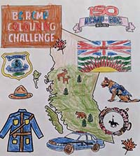BC RCMP colouring challenge - sheet of RCMP policing items and shape of the Province of British Columbia as coloured by Montserrat