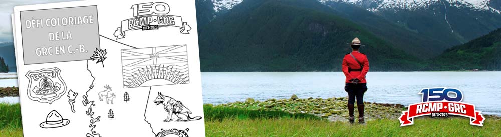 Défi de coloriage de la GRC en Colombie Britannique – vignette de la page à colorier et membre de la GRC face à l’eau et aux montagnes.