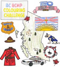 BC RCMP colouring challenge - sheet of RCMP policing items and shape of the Province of British Columbia as coloured by Alivia