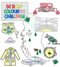 BC RCMP colouring challenge - sheet of RCMP policing items and shape of the Province of British Columbia as coloured by Anaya