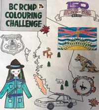 BC RCMP colouring challenge - sheet of RCMP policing items and shape of the Province of British Columbia as coloured by Elkia