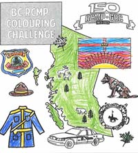 BC RCMP colouring challenge - sheet of RCMP policing items and shape of the Province of British Columbia as coloured by Evangeline