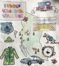 BC RCMP colouring challenge - sheet of RCMP policing items and shape of the Province of British Columbia as coloured by Everett