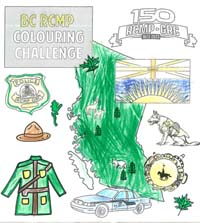 BC RCMP colouring challenge - sheet of RCMP policing items and shape of the Province of British Columbia as coloured by Jayden