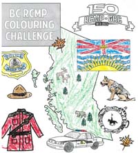 BC RCMP colouring challenge - sheet of RCMP policing items and shape of the Province of British Columbia as coloured by John