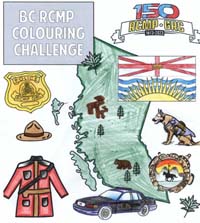 BC RCMP colouring challenge - sheet of RCMP policing items and shape of the Province of British Columbia as coloured by Lili