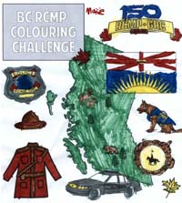 BC RCMP colouring challenge - sheet of RCMP policing items and shape of the Province of British Columbia as coloured by Maisie