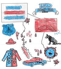 BC RCMP colouring challenge - sheet of RCMP policing items and shape of the Province of British Columbia as coloured by Mia