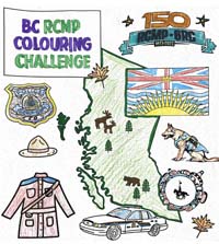 BC RCMP colouring challenge - sheet of RCMP policing items and shape of the Province of British Columbia as coloured by Mila