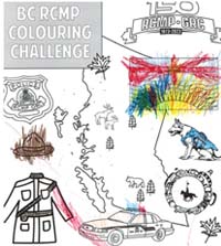 BC RCMP colouring challenge - sheet of RCMP policing items and shape of the Province of British Columbia as coloured by Robbie