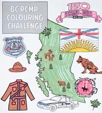 BC RCMP colouring challenge - sheet of RCMP policing items and shape of the Province of British Columbia as coloured by Tara