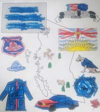 BC RCMP colouring challenge - sheet of RCMP policing items and shape of the Province of British Columbia as coloured by Tony