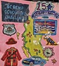 BC RCMP colouring challenge - sheet of RCMP policing items and shape of the Province of British Columbia as coloured by Zahara