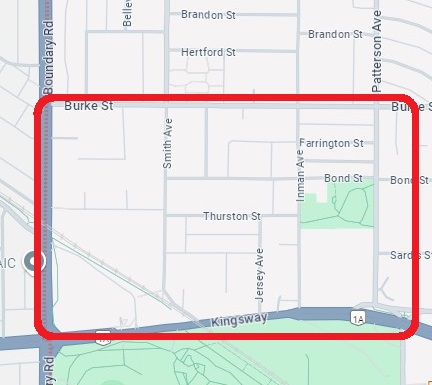 A map of Burnaby with a portion of the map outlined with a red line  in the area bordered by Burke Street, Patterson Avenue, Kingsway and Boundary Road