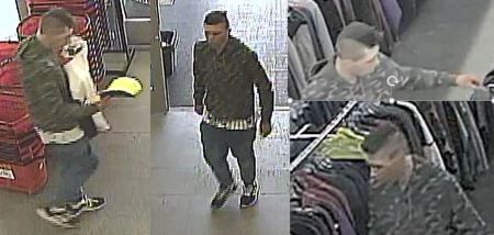 Images of a man in a camo jacket inside a clothing store.