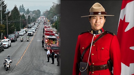 Image d’un cortège de police avec des motos et des camions de pompiers à côté de l’image de l’agente de la GRC décédée, la gend. Shaelyn Yang