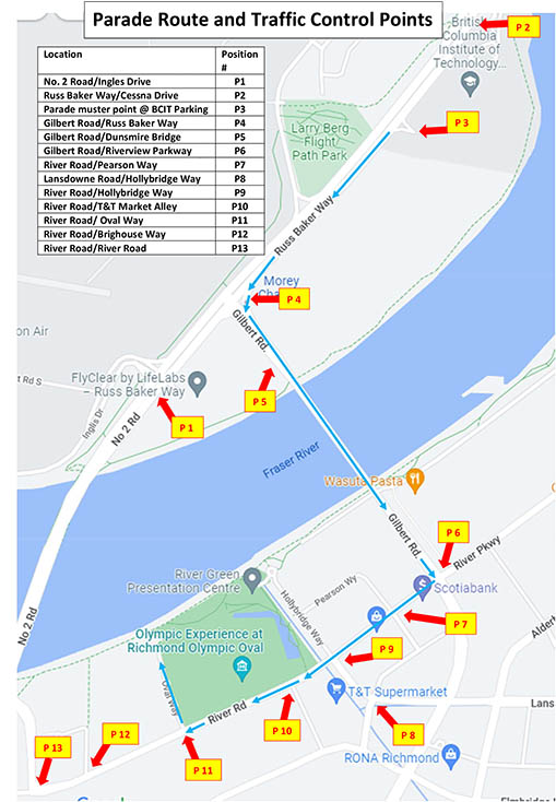 Map showing traffic closures near Regimental Funeral Nov. 2, 2022 | Traffic control points: No. 2 Road/Ingles Drive, Russ Baker Way/Cessna Drive P2, Parade muster point @ BCIT Parking, Gilbert Road/Russ Baker Way, Gilbert Road/Dunsmire Bridge  Gilbert Road/Riverview Parkway, River Road/Pearson Way, Lansdowne Road/Hollybridge Way, River Road/Hollybridge Way, River Road/T&T Market Alley, River Road/ Oval Way, River Road/Brighouse Way, River Road/River Road