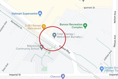 Map of the area surrounding Central Blvd and Bennett Street in Burnaby BC