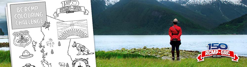 BC RCMP Colouring Challenge – thumbnail of colouring page and RCMP member facing the water and mountains.