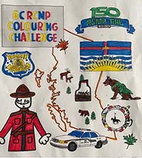 BC RCMP colouring challenge -&#10; sheet of RCMP policing items and shape of the Province of British Columbia as coloured by Dayton