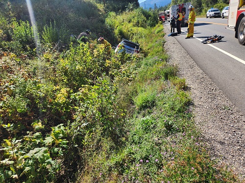 single vehicle rollover incident on Highway 3B near the Nancy Green Junction, near Rossland, BC.