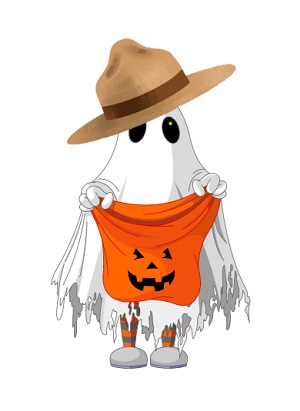 fantôme qui porte un stetson de la GRC et qui tient ouvert un sac décoré d’une citrouille d’Halloween