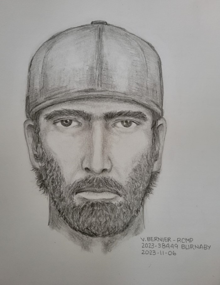 A black and white suspect sketch showing a man with a beard wearing a baseball cap